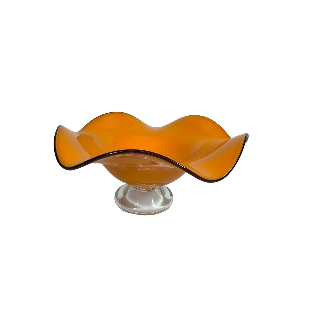 Tangerine Orange Art Glass Fruit Bowl Footed Fluted/Ruffle Compote 9 3/4"w Retro